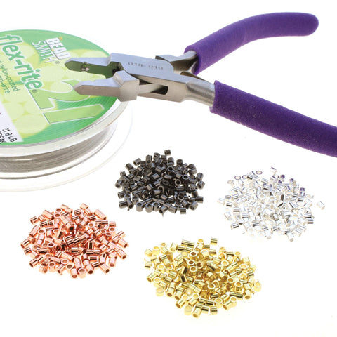 Epic All In One Crimping Kit With Pliers, 500 2x2 mm Crimp Tubes In Silver Gold Copper, And 21 Strand Flex Rite Wire for Jewelry Making