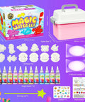 Water Gel Elf Kit For Kids With 12 Color Magic Gels And 12 Shape Molds DIY STEM Aqua Kit contents spread on purple background.