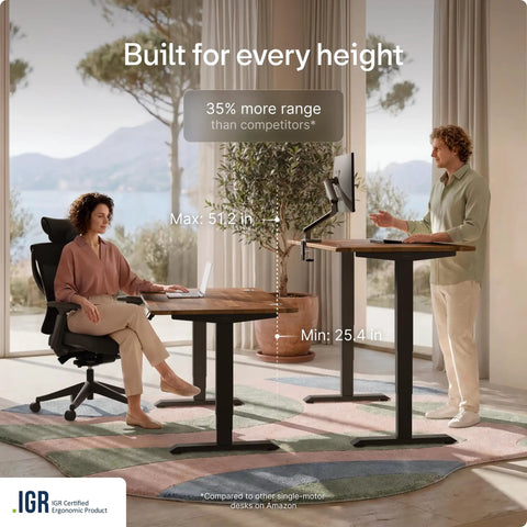Built Tough Electric Standing Desk With Heavy Duty Dual Motors And Super Smooth Height Adjustments, Rock Solid Ergonomic Sit Stand Home Office Desk featuring a walnut top and adjustable height.