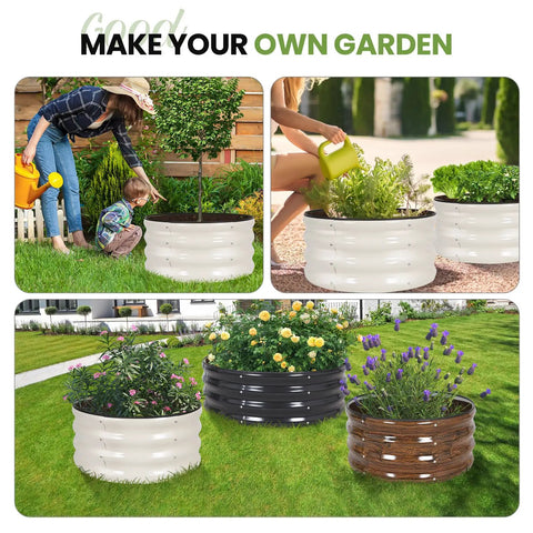 Round Raised Garden Bed Set Of 3 Galvanized Steel Planter Boxes 2x2x1ft With Rubber Edge Trim shown with plants and vegetables in various outdoor settings