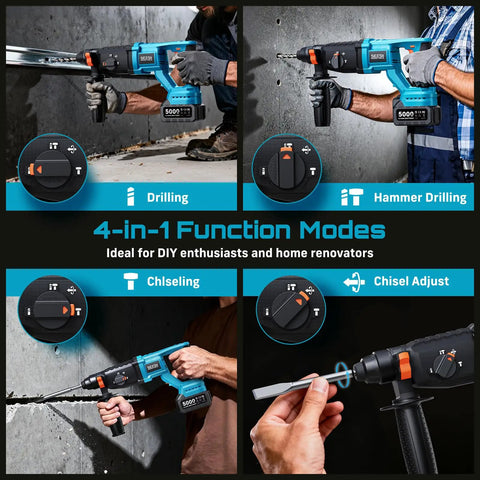 Cordless SDS-Plus Rotary Hammer Drill with 2x5.0Ah batteries and 4-mode power, showcasing drilling and chiseling functions