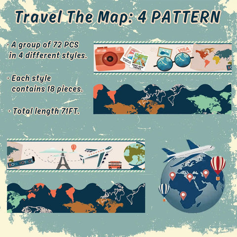 Travel World Map Bulletin Board Borders 70.8Ft Set Of 72 Pieces In Four Designs With Scalloped And Straight Trim Display
