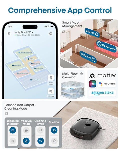 Robot Vacuum And Mop Combo With 20000 Pa Suction And HydroJet Mop System For Always Clean Mopping Edge To Edge Cleaning Zero Tangle Design AI Obstacle Avoidance Upgraded Smart Home Cleaning app control interface and cleaning modes.