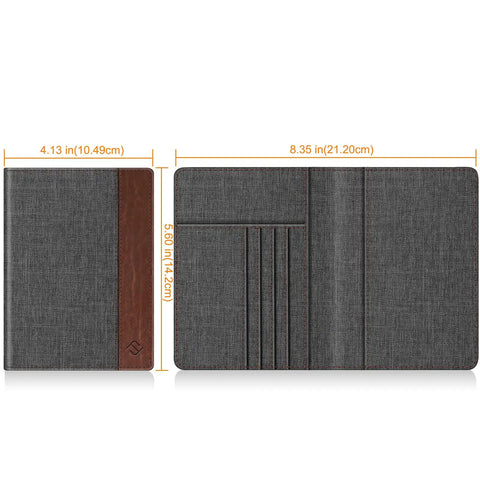 Open and closed view of Slim RFID Blocking Passport Holder With Card Slots In Denim Charcoal Brown Your Go To Travel Wallet For Women And Men