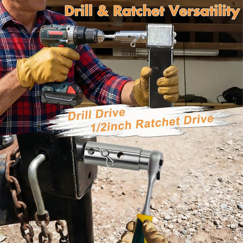 Tough As Nails Trailer Jack Drill Adapter Crafted From Upgraded Stainless Steel, shown in use with drill and ratchet drive.