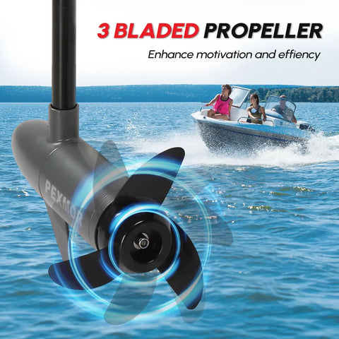 Kickass Eight Speed Electric Trolling Motor With Quick Release Handle And Sharpy Led Gauge Transom Mount For Kayak Fishing Boat Lazy Cruise Mode Grey 36 Pound Thrust Bad Boy Setup showing 3 bladed propeller in motion on water.