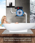 No Fuss 3Speed Hot Water Circulation Pump 93 Watt 110V Recirculator for Solar Heating shown with bathtub and wall mount.