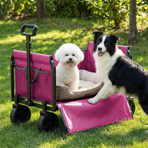 All In One Portable Collapsible Wagon Cart With Removable Side Lightweight Foldable Utility Groceries Wagon For Dogs Cats Camping Beach Shopping Sports Gardening Fishing Pink with two dogs inside