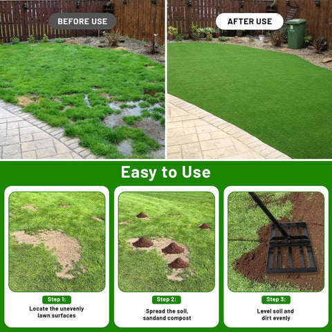 Before and after lawn leveling using Heavy Duty Lawn Leveling Rake With 68 Inch Adjustable Stainless Steel Handle in a garden setting