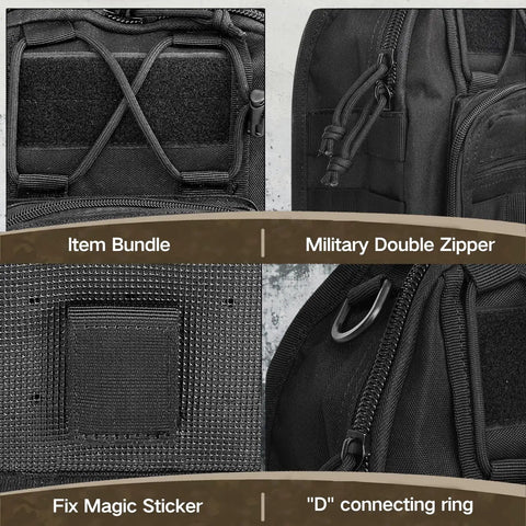 Close-up of Lightweight Tactical Shoulder Sling Bag for Men showing item bundle, military double zipper, fix magic sticker, and D connecting ring.