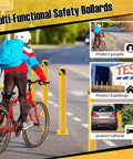 Four Pack Of 48 Inch Removable Steel Safety Bollards Built Like A Tank For Forklift Protection And Parking Barrier Security With Bright Yellow High Vis Stripes And No Sweat Setup in urban bike lane.