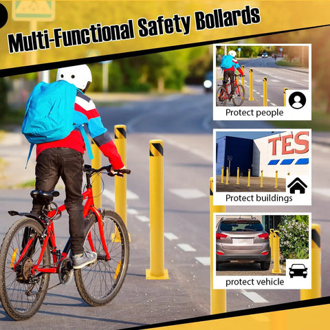 Four Pack Of 48 Inch Removable Steel Safety Bollards Built Like A Tank For Forklift Protection And Parking Barrier Security With Bright Yellow High Vis Stripes And No Sweat Setup in urban bike lane.