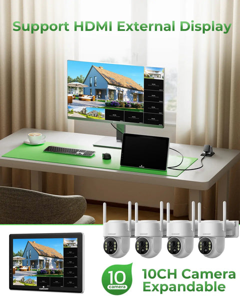 Desktop setup with Solar Wireless Security Camera System With 10 Inch Monitor Outdoor Surveillance Kit, 4 cameras displayed