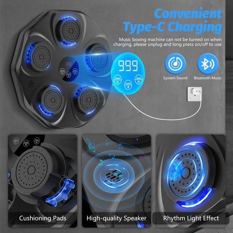Music Boxing Machine Interactive Punching Trainer With Boxing Gloves Wall Mounted Electronic Boxing Target For Adults And Kids 9 Modes And 9 Speeds Light Up Target With Hit Count To Boost Reaction Speed And Coordination, showing wall-mounted device with blue lights and charging indication.