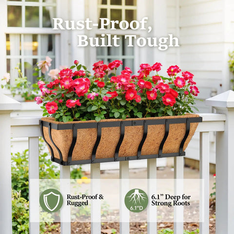 Heavy Duty Railing Planter Boxes For Balcony And Deck, Adjustable 24 Inch Window Box Planters With Coco Liner And Support Rod, 2 Pack
