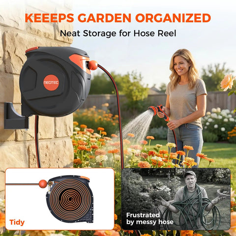 Retractable Garden Hose Reel 65 Foot One Half Inch Heavy Duty Hose with Auto Rewind shown in garden use