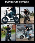 Electric Fat Tire Bike For Adults And Teens With GPS Location, 16 Inch Wheels, 1500W Brushless Motor, 65Nm Peak Torque, Reaches Up To 20 MPH, Handles 30 Percent Grades On Urban Streets And Rugged Trails, rider on black fat tire bike