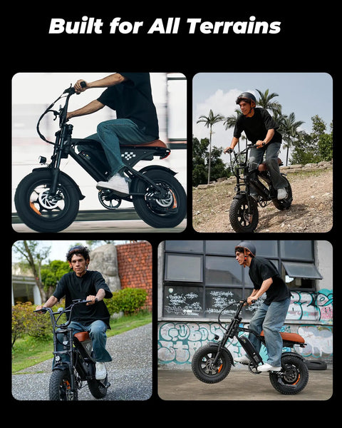 Electric Fat Tire Bike For Adults And Teens With GPS Location, 16 Inch Wheels, 1500W Brushless Motor, 65Nm Peak Torque, Reaches Up To 20 MPH, Handles 30 Percent Grades On Urban Streets And Rugged Trails, rider on black fat tire bike