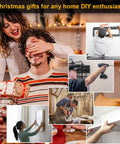 Stud finder concept collage with DIY tool scenes; 5-in-1 tool with HD LCD display for locating wood studs and wires
