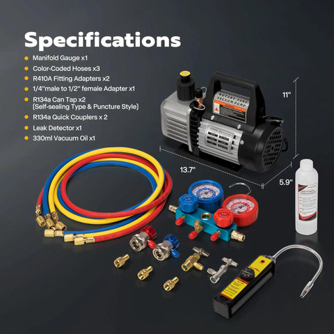110V 1 3rd HP 4CFM Single Stage Rotary Vane Vacuum Pump with Leak Detector and AC Manifold Gauge Set components display