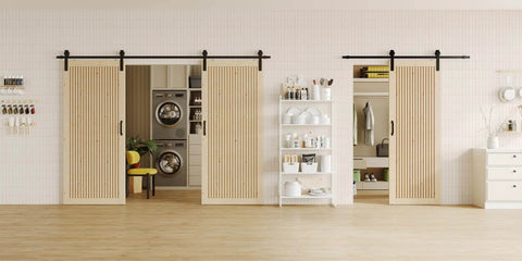 42 Inch By 84 Inch Sliding Barn Door With Wood Slat Design And Hardware Kit Solid Pine Wood For Living Room Pantry And Home Offices