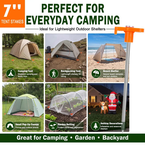 Heavy Duty 7 Inch Tent Stakes, 10 Pack Galvanized Steel Ground Anchors For Tents Canopies And Tarps with various outdoor setups