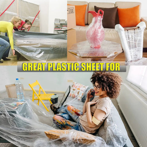 Heavy Duty 20 Pack Plastic Drop Cloths Waterproof Painting Covers Dust Proof And Rust Resistant Tarp 9x12 Feet used for protection.
