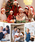 Family gathering for Christmas celebration, smiling faces, holiday decorations, sharing gifts and enjoying moments together.