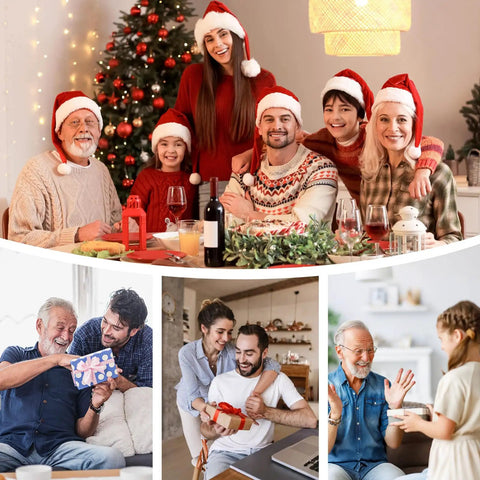 Family gathering for Christmas celebration, smiling faces, holiday decorations, sharing gifts and enjoying moments together.