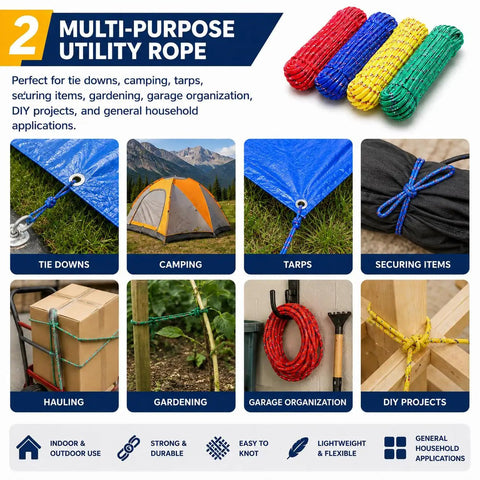 4 Pack 50 Feet Each Three Eighths Inch Polypropylene Rope Heavy Duty All Purpose Utility Line for camping and tie downs