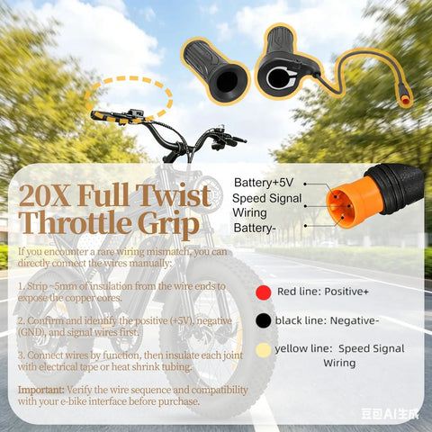 20X Full Twist Throttle Grip for Ebikes and Electric Scooters, showing wiring details and 3-pin waterproof connector.