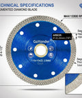 Segmented diamond blade, 4.5 inch diameter, blue with 7/8 inch arbor, suitable for cutting porcelain, granite, and marble.