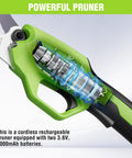 Close-up of Cordless Electric Pruning Shears 7.2V Battery Powered Pruner highlighting internal components and handle.