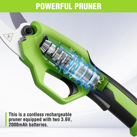 Close-up of Cordless Electric Pruning Shears 7.2V Battery Powered Pruner highlighting internal components and handle.