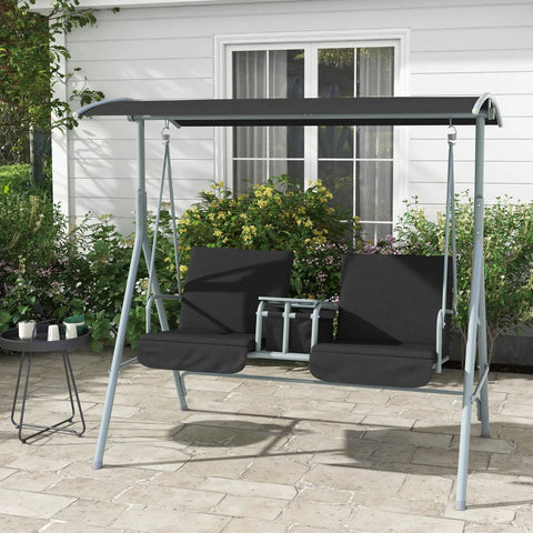 Two Person Porch Swing With Stand And Canopy Outdoor Swing With Pivot Storage Table And Cup Holders Cushions For Patio