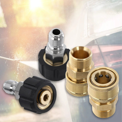 Front view of Tool Daily pressure washer quick-connect adapter set, 4 brass and black fittings with M22 threads.