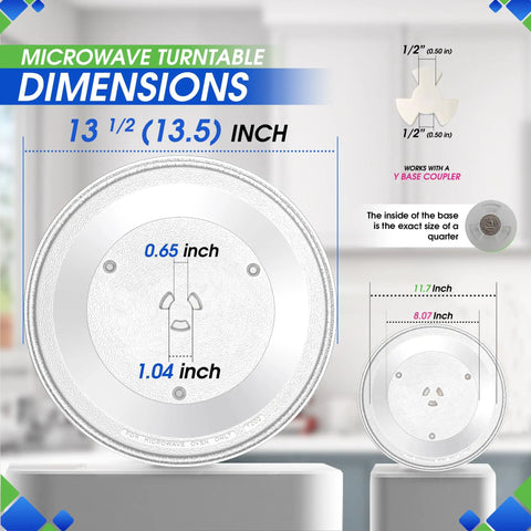 13.5 Inch Microwave Turntable Plate Replacement Fits WB39X10032 Glass Plate For Exact Replacement And Better Reheating And Cooking Durable Spinning Dish Tray For Oven Easy Install with size dimensions shown.