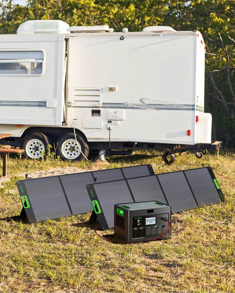 Heavy Hitter 2400W Portable Power Station With 1843Wh Battery Capacity And Dual 200W Solar Panels For Off Grid Camping And Whole Home Backup Take Charge next to a trailer in a grassy area.