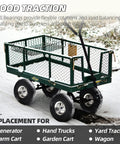 Garden cart with 4 Pack 10 Inch Tough As Nails Replacement Tire And Wheel For 4.10/3.50-4, shown in snowy landscape.
