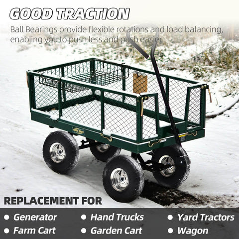 Garden cart with 4 Pack 10 Inch Tough As Nails Replacement Tire And Wheel For 4.10/3.50-4, shown in snowy landscape.