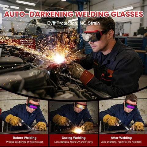Three In One MIG TIG Stick Welder Portable 110V Inverter With Auto Darkening Goggles Beginner Friendly Flux Core Welder Up To 150 Amps For Home DIY And Auto Repairs On Stainless And Carbon Steel in use by worker in a workshop.