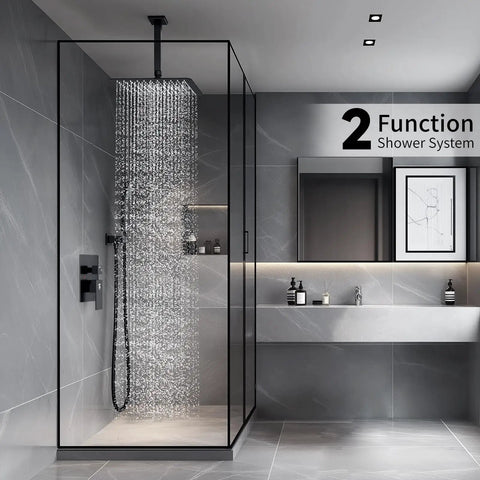 Ceiling Mounted Shower System With Rain Shower Head, Matte Black Finish, 10 Inch Shower Kit in modern bathroom