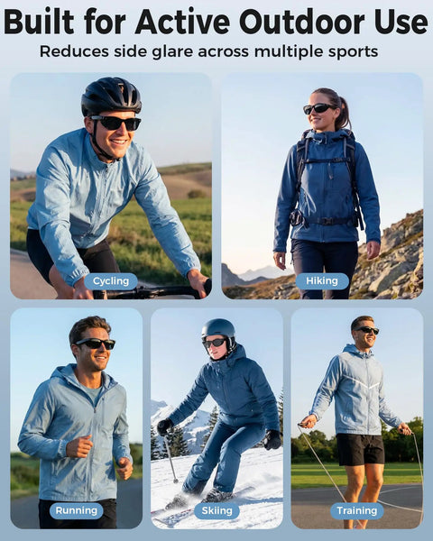 Individuals cycling, hiking, running, skiing, and training with Ultra Light Silicone Side Shields For Ray Ban And Oakley Meta Wayfarer.