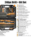 Front view of EnerTwist 246-piece drill bit set in a plastic carrying case with assorted drill bits and driver bits.