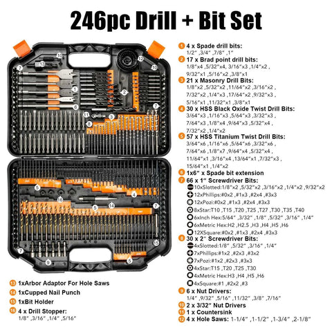 Front view of EnerTwist 246-piece drill bit set in a plastic carrying case with assorted drill bits and driver bits.