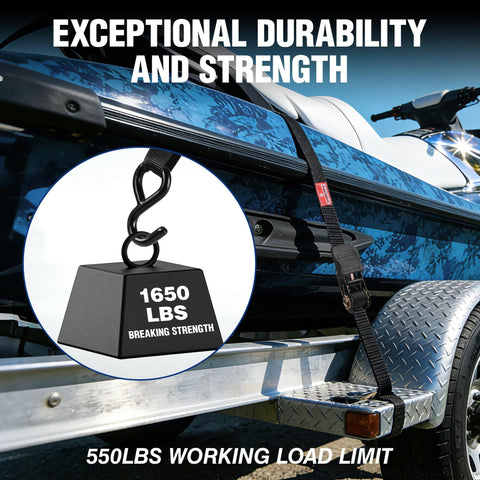 Beefy Heavy Duty Ratchet Straps 1 Inch By 15 Feet, 1650 Lbs Break Strength securing a boat on a trailer
