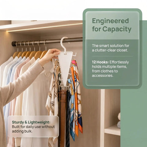 Space Saving Closet Organizer With V Shape Multi Hooks For Hats Belts Scarves And Accessories Durable ABS White 1 Pack Ideal For Tiny Closets And Small Spaces And Everyday Use shown in a closet with scarves and belts hanging.