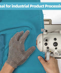 Cut Resistant Tough As Nails Stainless Steel Chainmail Glove For Meat Cutting Oyster Shucking And Fish Slicing Food Grade 316 Stainless Steel Butcher Glove Hygienic Easy To Clean Size Small worn by hand using a sewing machine on blue fabric.