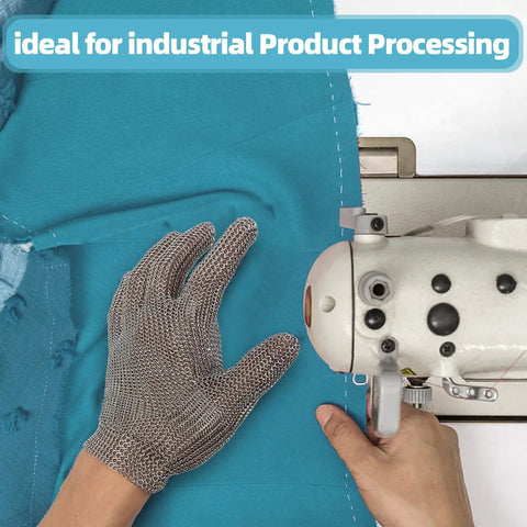 Cut Resistant Tough As Nails Stainless Steel Chainmail Glove For Meat Cutting Oyster Shucking And Fish Slicing Food Grade 316 Stainless Steel Butcher Glove Hygienic Easy To Clean Size Small worn by hand using a sewing machine on blue fabric.