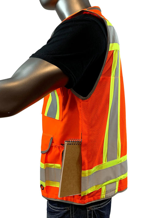 Side view of Two Tone Class 2 Heavy Woven Hi Viz Engineer Jacket In 300D Oxford Front And Polyester Mesh Back With 3M 8712 Reflective Tape